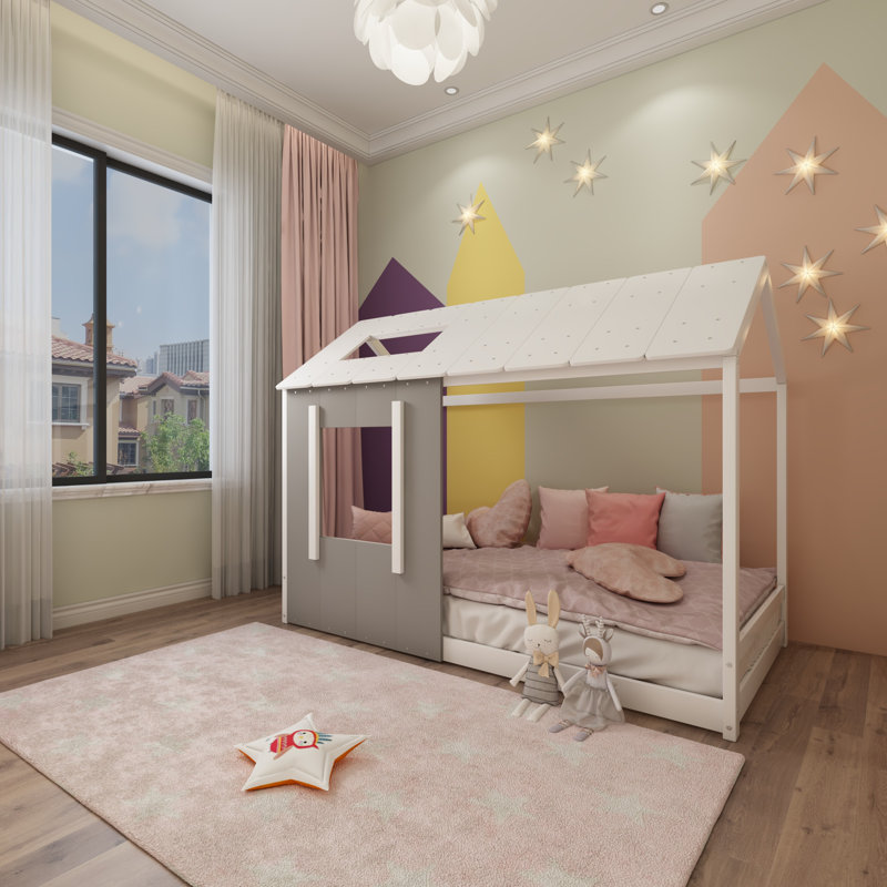 Plateforme pour lit simple avec toit et fenêtre, gris