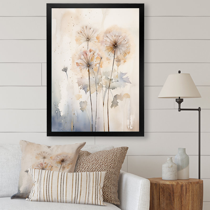 Dandelion Charm in Winter IV - Pissenlit grand, art mural, H 40 po x l 30 po x P 1,5 po, Cadre simple noir
