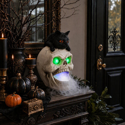 Gothic Skull Halloween Decor with Black Cat Accent, Lighted Fog Mist Tabletop Haunted Decoration