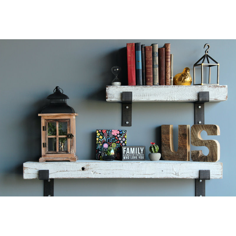 Chumbley 2 Piece Solid Wood Bracket Shelf, White Washed, 24” W - 40" W x 7” D x 3” H (top/bottom shelf)