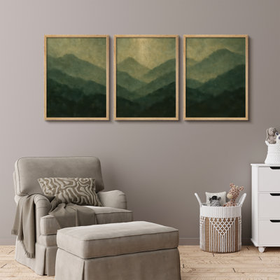 «Moody Green Mountain Range», ensemble de 3 pics de forêt superposés dans des tons olive foncé pour le salon et la chambre à coucher