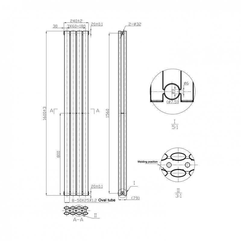 iBathUK Princia Vertical Double Oval Panel Radiator, 1600cm H x 240cm W x 79cm D, Grey