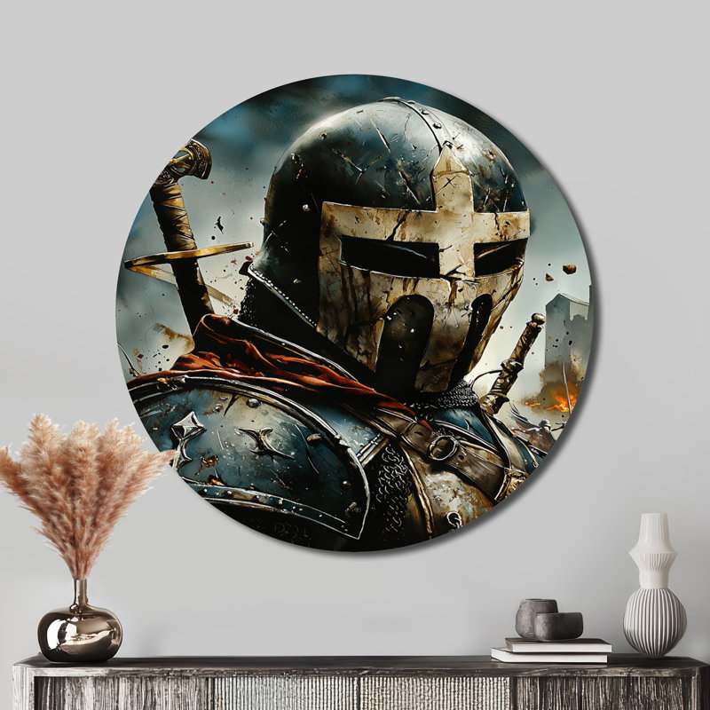 «The Crusader Path To The Saint» - Armée, art mural rond en métal pour le salon, H 16 po x l 16 po