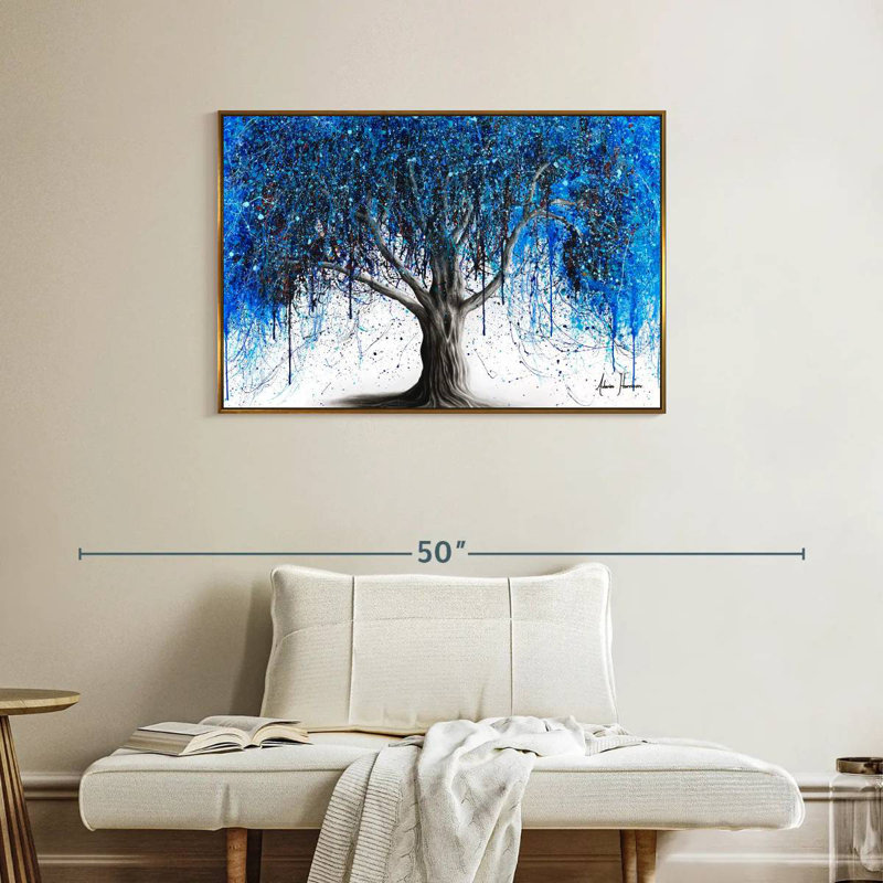 Arbre bleu au clair de lune, Cadre flottant doré, 37 po x 25 po