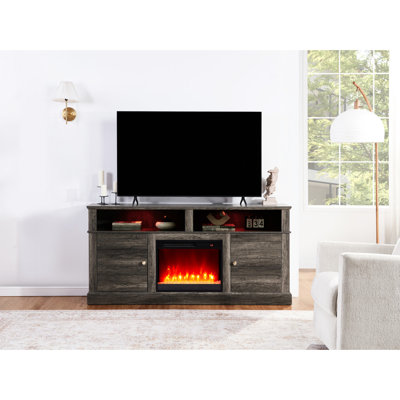 Meuble télé en noyer gris avec foyer électrique et chauffage, 178 cm de largeur, 11 niveaux de chaleur pour une ambiance relaxante, 7 couleurs de flamme pour une atmosphère apaisante, minuterie, placards de rangement, étagères ouvertes avec éclairage LED.