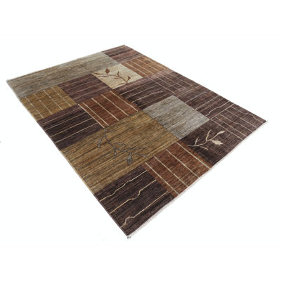 5.7x7.5 ft Hand Knotted Brown, Beige and Gray Wool Area Rug, Abstract Botanical Geometric Design Carpet
