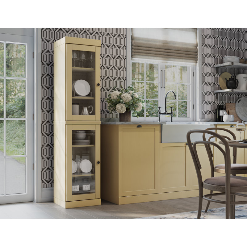 Garde-manger Jaylena 100% bois massif 16,5 po avec portes en verre transparent et tablettes réglables, Jaune