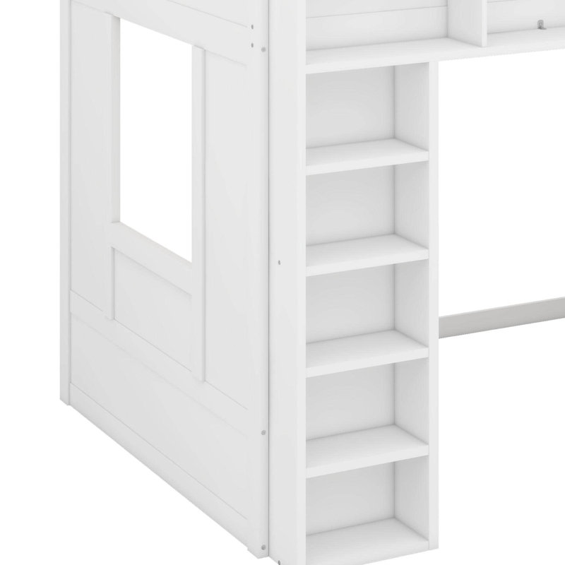 Grand lit mezzanine en bois avec armoires de rangement et tablettes, Blanc