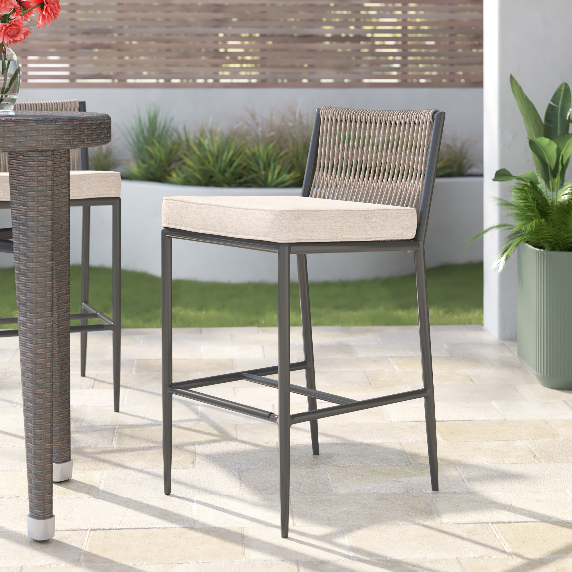 Esme 40.75'' Olefin Rope Outdoor Bar Stool with Sunbrella® Cushion, Bar Stool (30" Seat Height), Echo Ash Sunbrella®