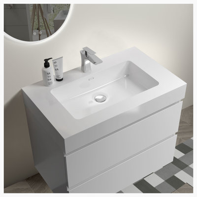 Meuble-lavabo de salle de bain avec lavabo, grand meuble-lavabo flottant mural pour salle de bain moderne, lavabo blanc une pièce sans drain ni robinet