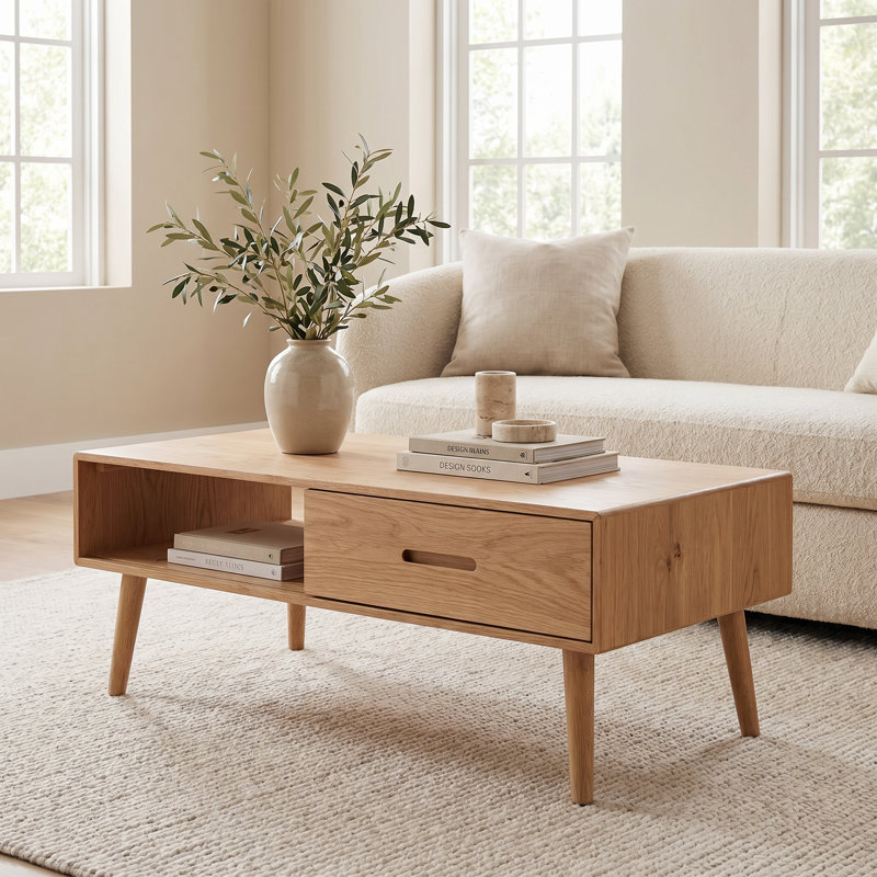 Table basse Mid-Century moderne en chêne massif 47 po avec tiroir, Chêne naturel, H 16,93 po x L 47,24 po x l 22,05 po