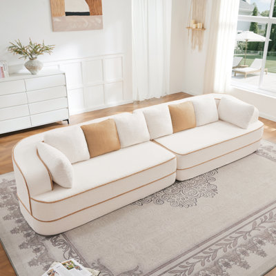 135" 4-Seat Teddy Fabric No Assembly 32D High Density sponge Boneless Sofa Fluffy Comfy Couch,Oversize sofa,Contrast color design,Symmetrical aesthetics,for Living Room,White