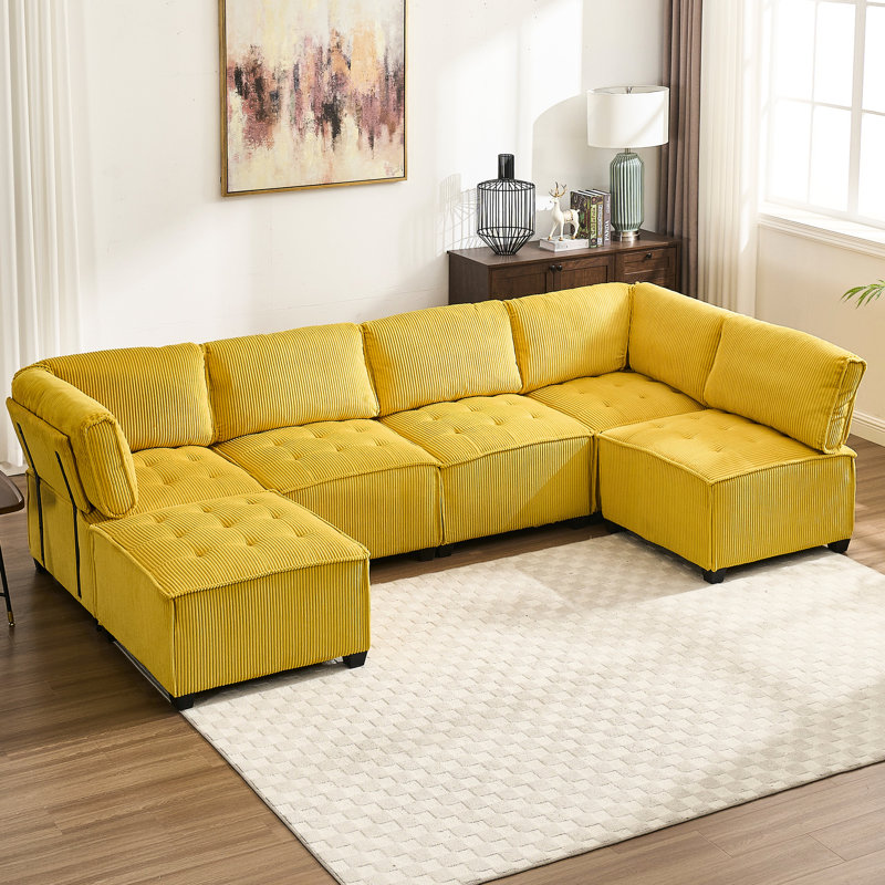 Modulaire avec méridienne réversible, 6 coussins, éponge douce en velours côtelé jaune, Jaune