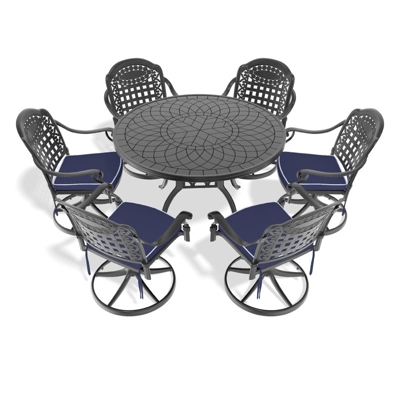 Ensemble de salle à manger 7 pièces en aluminium coulé toutes saisons avec 6 chaises pivotantes et une table, noir