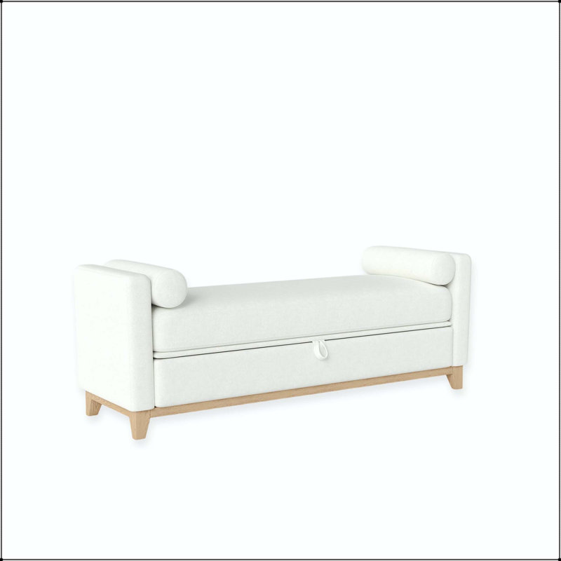 Banc de rangement en sherpa 66 "avec pieds en bois cannelé et 2 traversins - beige