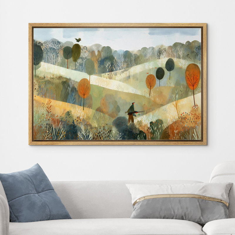 «Autumn Rolling Hills Landscape with Wanderer», reproduction d'art sur toile encadrée dans la chambre principale, Naturel