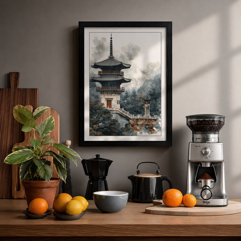 Pagoda in Cloud Japandi - Framed Print, Black, A3 - 42.0 x 29.7 cm