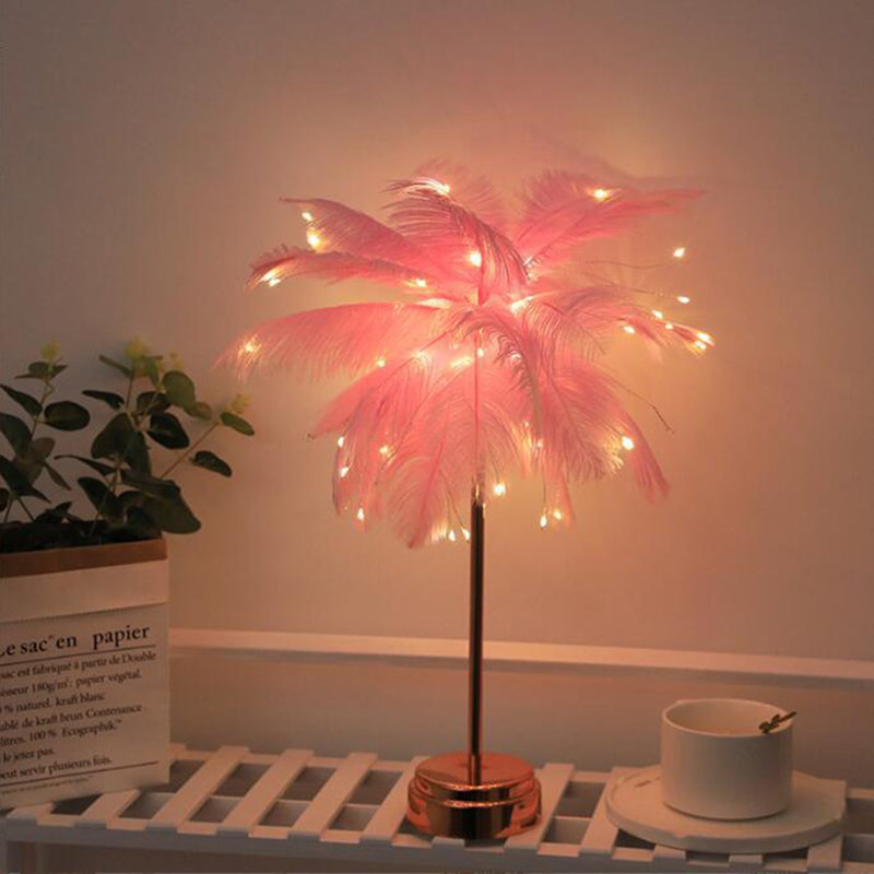 Feather Table Lamp, Modern USB Powered LED Bedside Table Lamp Night Light With Remote Control For Bedroom Living Room Party Wedding Christmas Valentines Day Decor