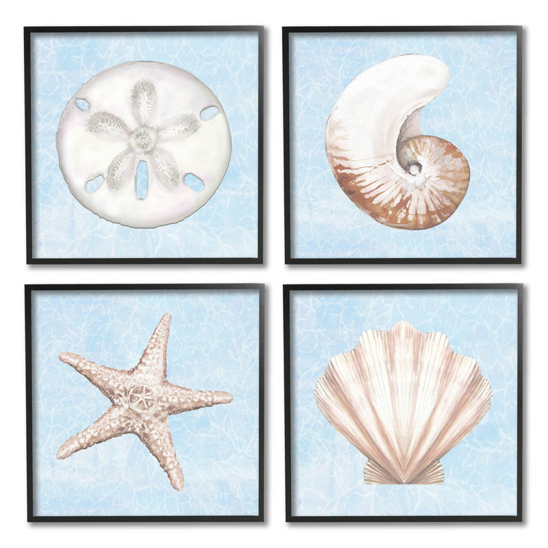 «Water Watered Sea Life Shells», ensemble de 4 giclées encadrées par Diannart, H 17 po x l 17 po x P 1,5 po