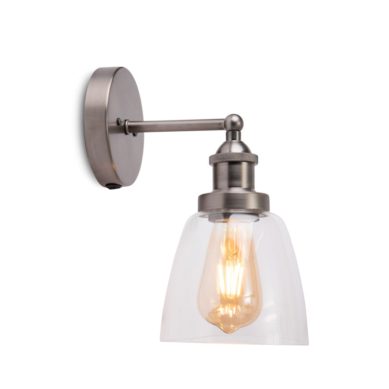 Wayland 1 - Light Dimmable Industrial Style Switched Armed Sconce Wall Light, Pewter, Clear