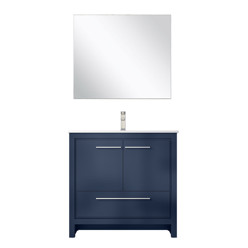 Lafarre 36" W x 20" D Single Vanity 28" Mirror & Faucet Set, White Quartz, Navy Blue