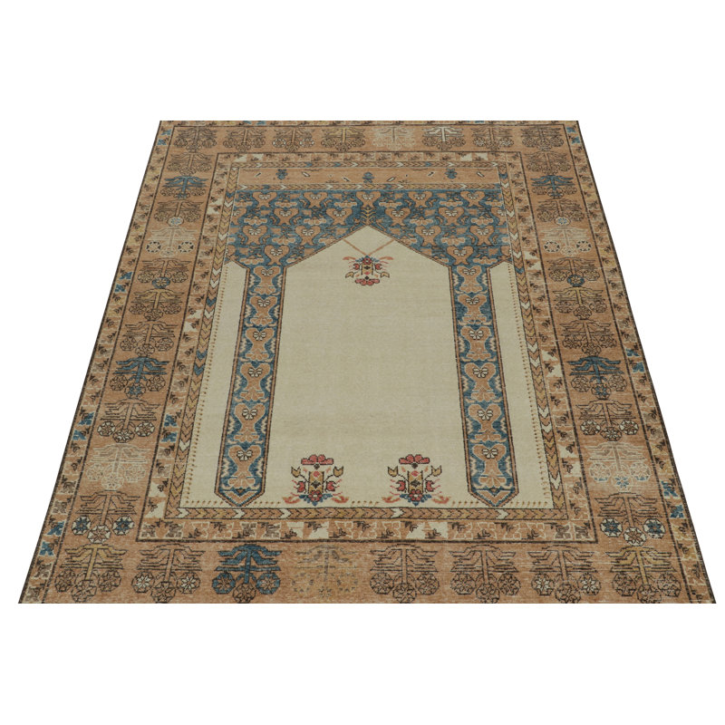 Rug & Kilim's Distressed rug with Mihrab Pattern and Beige Open Field
