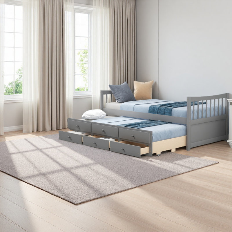 Lit de jour avec couchette et tiroirs, taille simple, Gris