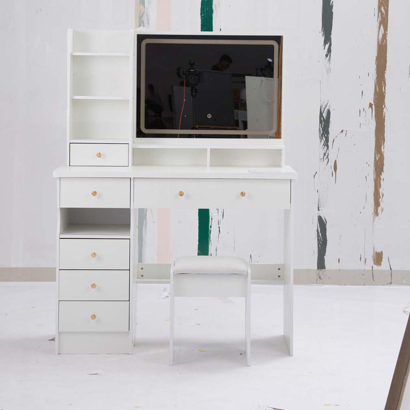 Makeup Vanity Desk With Mirror & LED Lights, Drawer and Stool, White