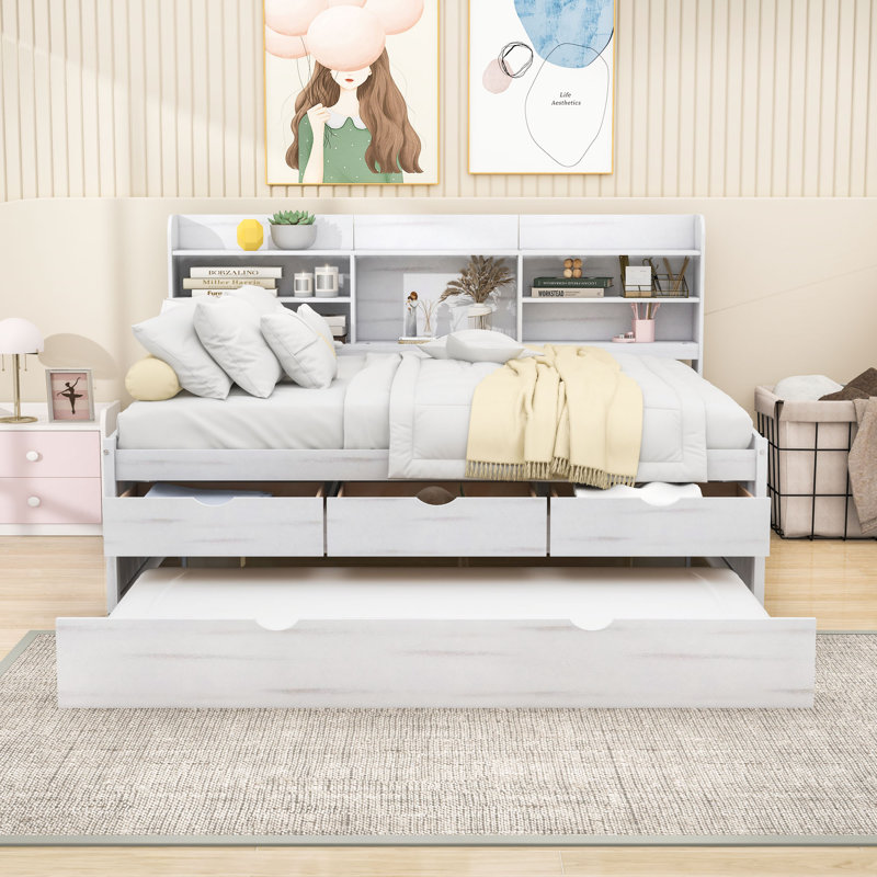 Full Size Wooden Daybed with Built-in Bookshelves, Storage Drawers, Twin Trundle, White Wash