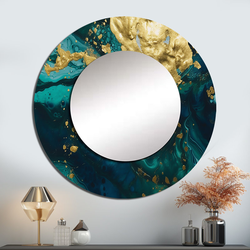 Sarcelle et or liquide Magic I - miroir abstrait, miroir mural décoratif bleu sarcelle, impression d'art en métal, Rond