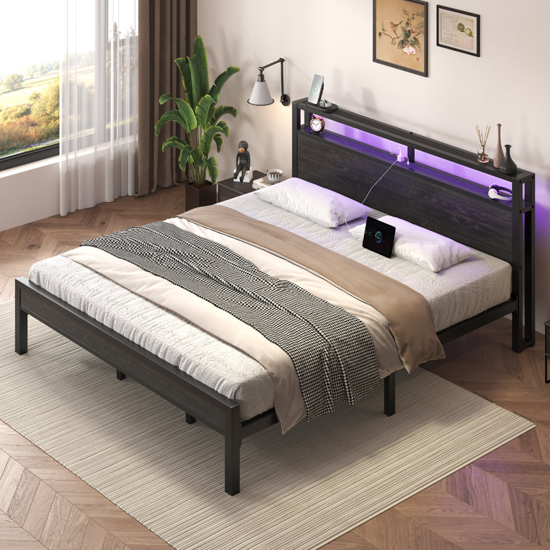 King Metal Platform Bed with 2-tier shelves, RGB LED Light, Charging Station, Easy Assembly, Black, King, Black