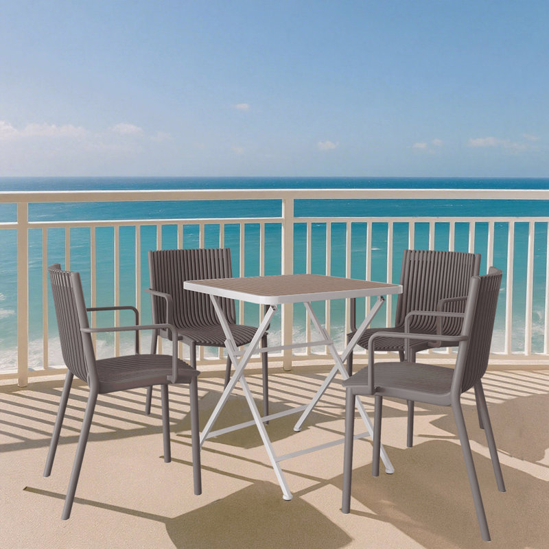 4Pcs Warm Gray Stackable Pp Armchair For Indoor/Outdoor Use -Ergonomic Slatted Back, With Modern Folding Indoor/Outdoor Multi-Functional Square Table- Pp Tabletop With Metal Legs