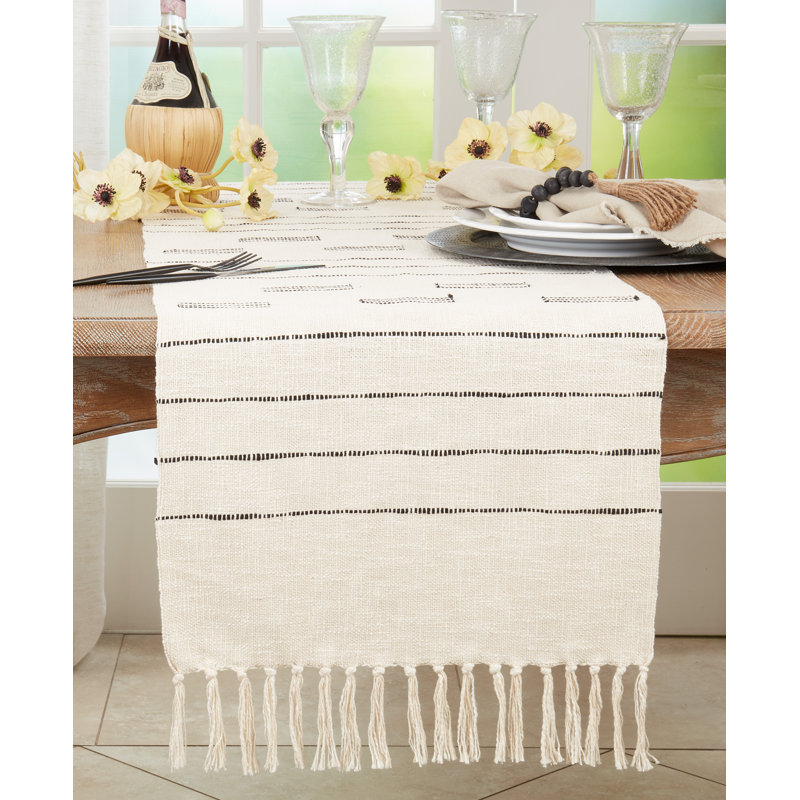 Off-White Cotton Dash Line Table Runner with Tassels