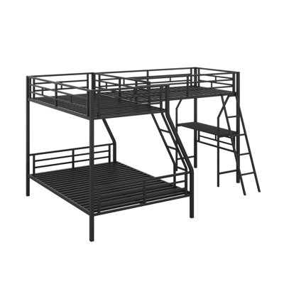 Twin Over Full L-Shaped Metal Bunk Bed With Attached Twin Size Loft Bed Desk And 2 Ladders