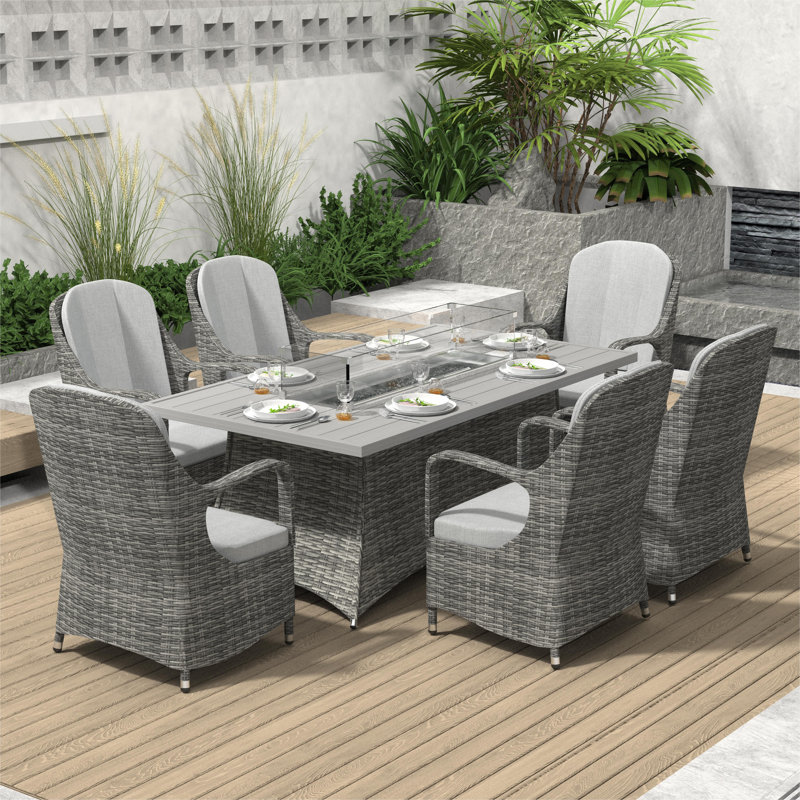 6 - Person Wicker Patio Dining Set with Rectangular Table , Cushions Included, Gray, Gray