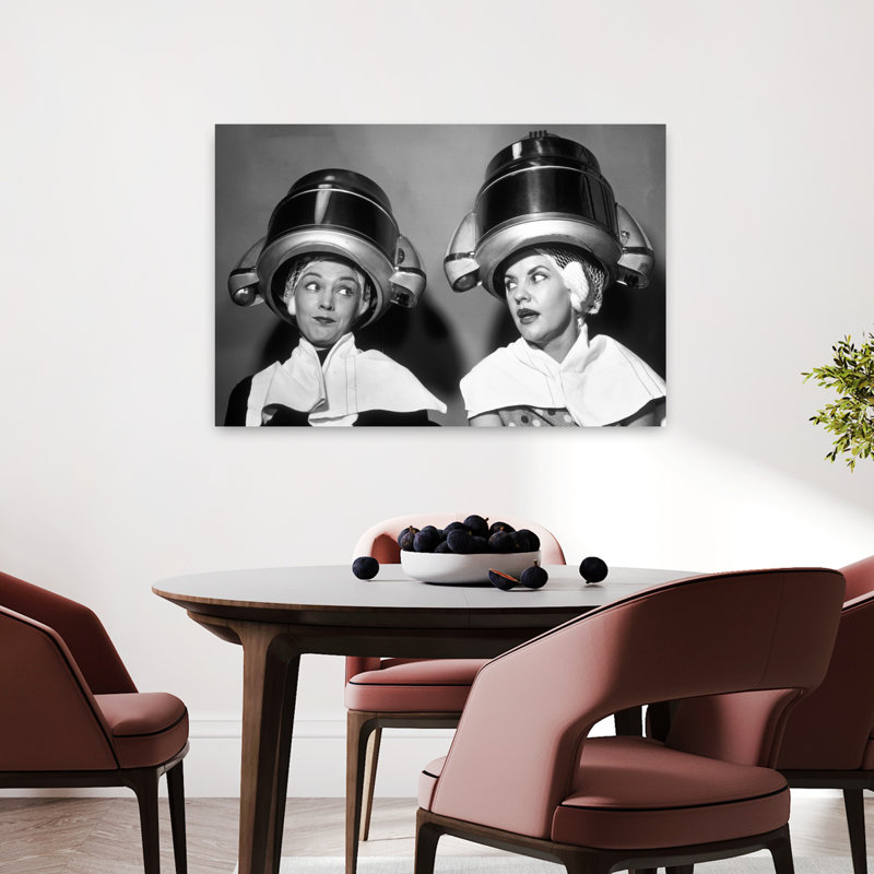 1950S Two Women Sitting Together Gossiping Under Hairdresser Hair Dryer Contemporary Art, 24" H x 36" W