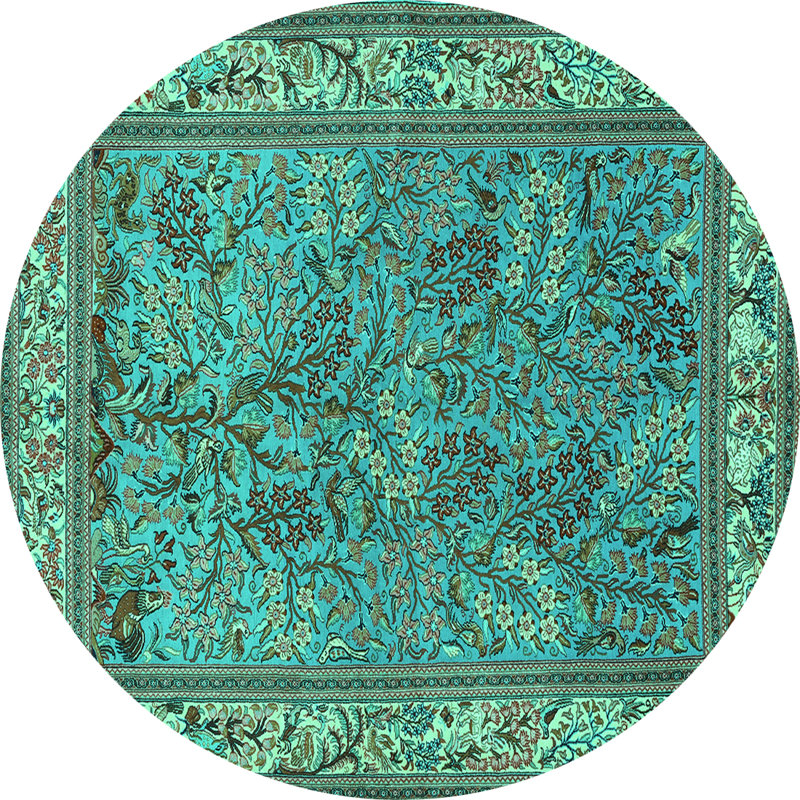 Tapis vert / bleu sarcelle en polyester tissé à la machine Lutvo, Rond 4 pi
