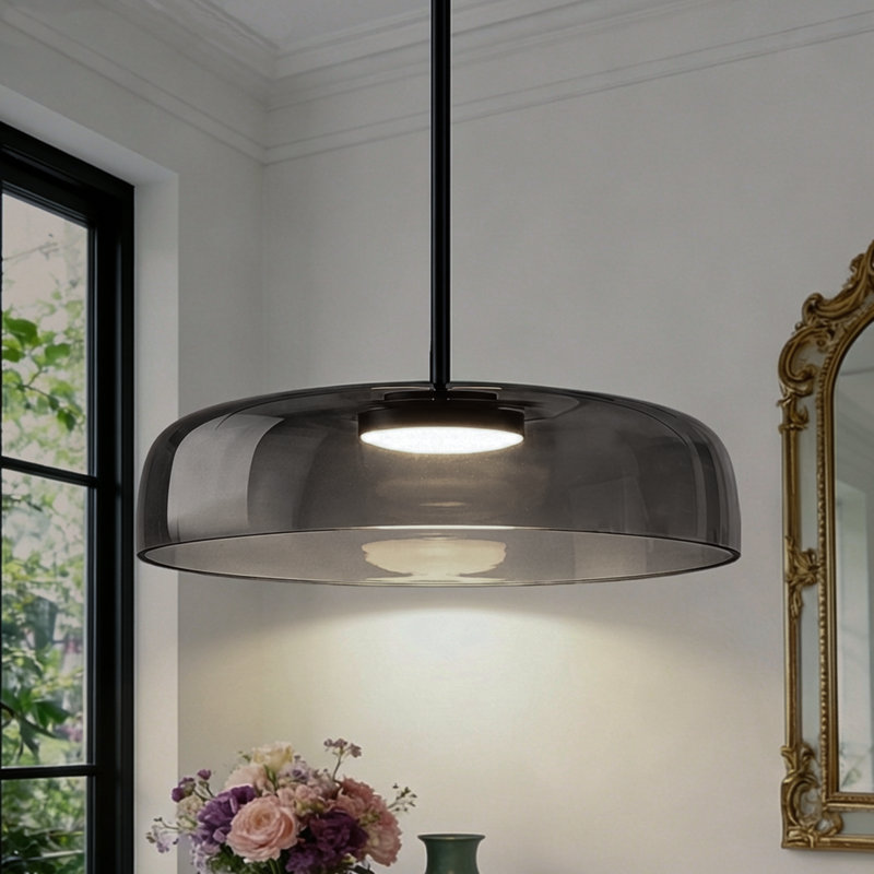 Luminaire suspendu moderne en verre 1 lumière, Gris, Suspension à tringle, Noir mat