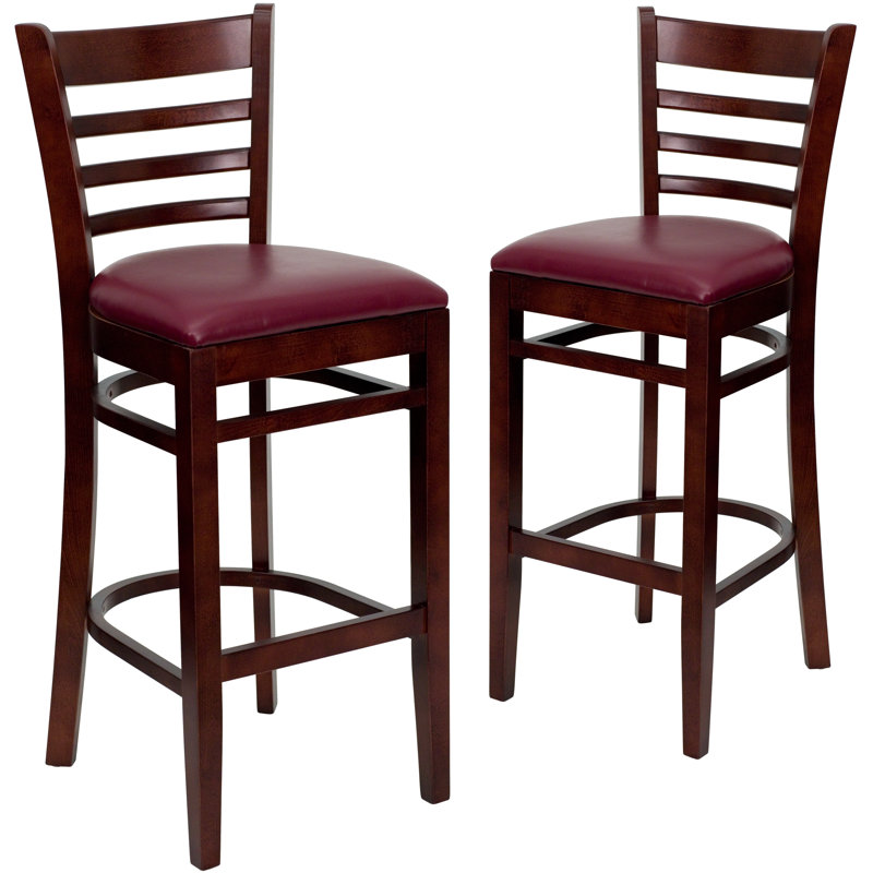 Prompton Vertical Slat Back Wooden Restaurant Barstool, Burgundy, Mahogany