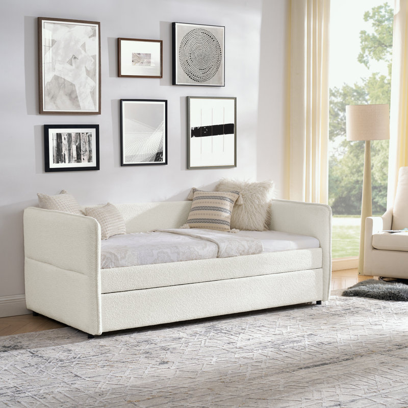 Lit de jour avec couchette Arlethea Boucle Canapé-lit rembourré pour salon, chambres d'amis et petits espaces, Double, Beige