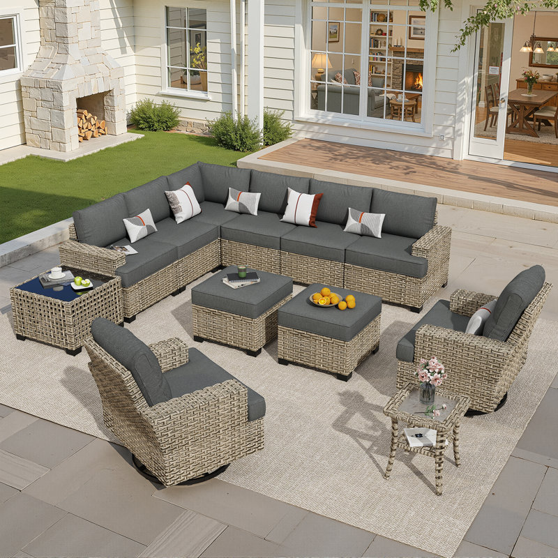 Tommy Wicker 10 - Person Outdoor Wicker Patio Conversation Furniture Set With Rocking Swivel Chairs, Black, No
