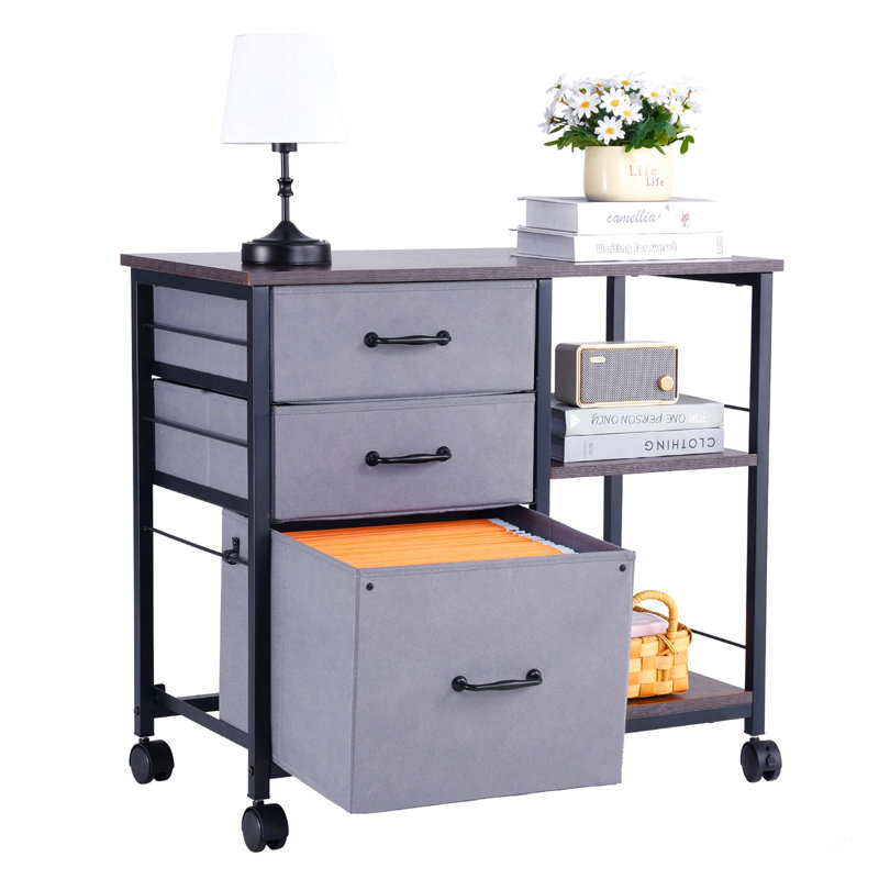 Mobile Metal File Cabinet with 3 Fabric Drawers and 2 Open Shelves Brown