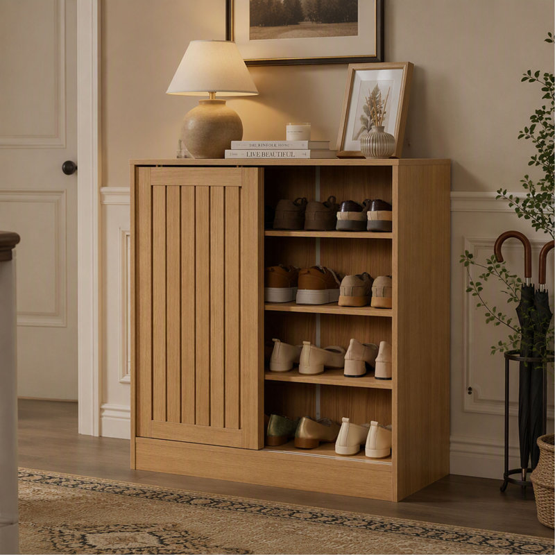 Meuble à chaussures avec portes coulissantes ajourées et 4 tablettes amovibles pour l'entrée, Natural