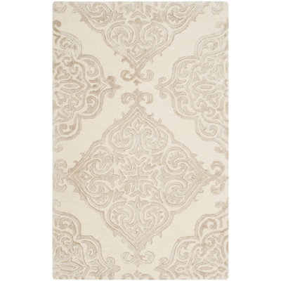 Bernon Hand Tufted Viscose/Wool Damask Rug in Ivory