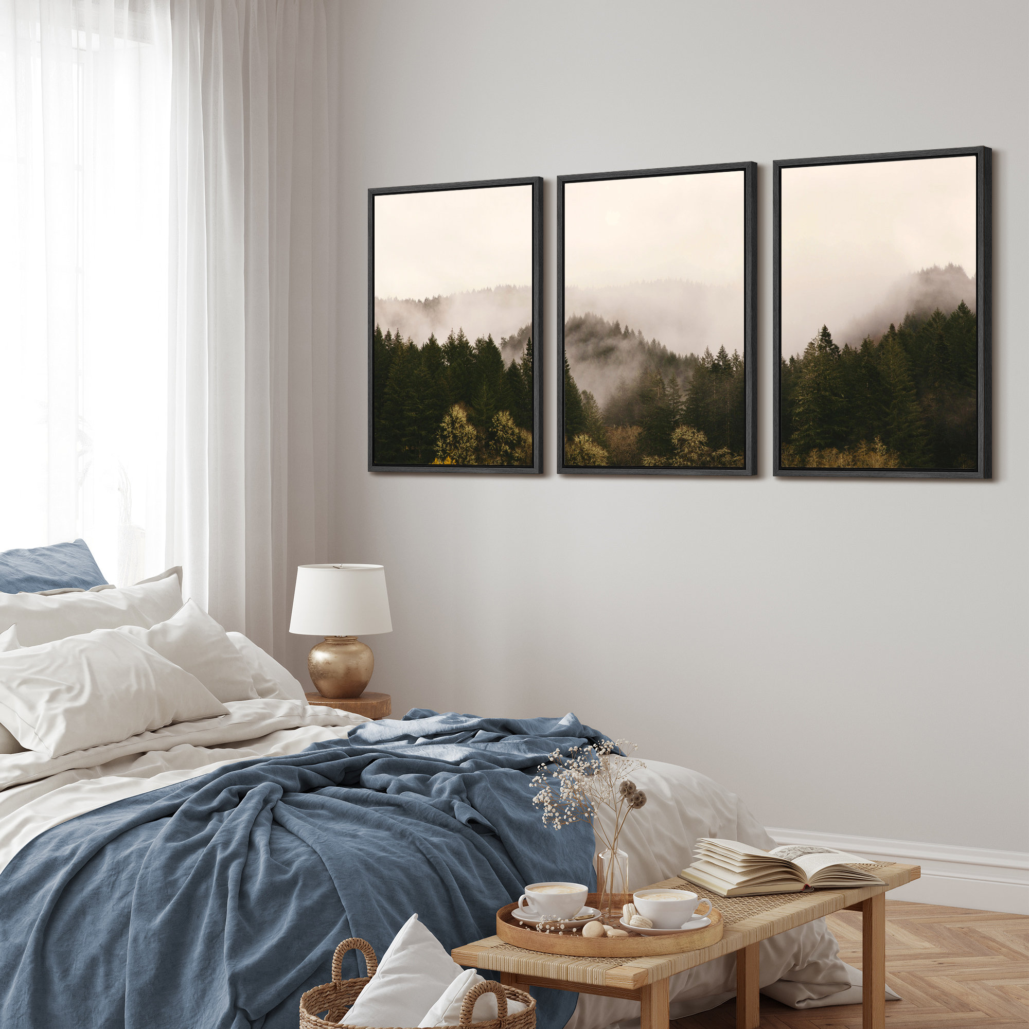 IDEA4WALL 3 Piece Framed Canvas Wall Art Brown Misty Forest Mountains ...