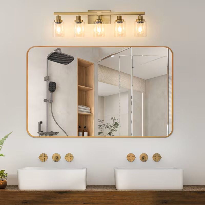 5-Light Modern Golden Mirror Lamp | Copper Bathroom Mirror Above Wall Lamp With Glass Lampshade, Suitable For Bathroom, Living Room, Corridor, Semi Flush Mount, Hard-Wired, 110V