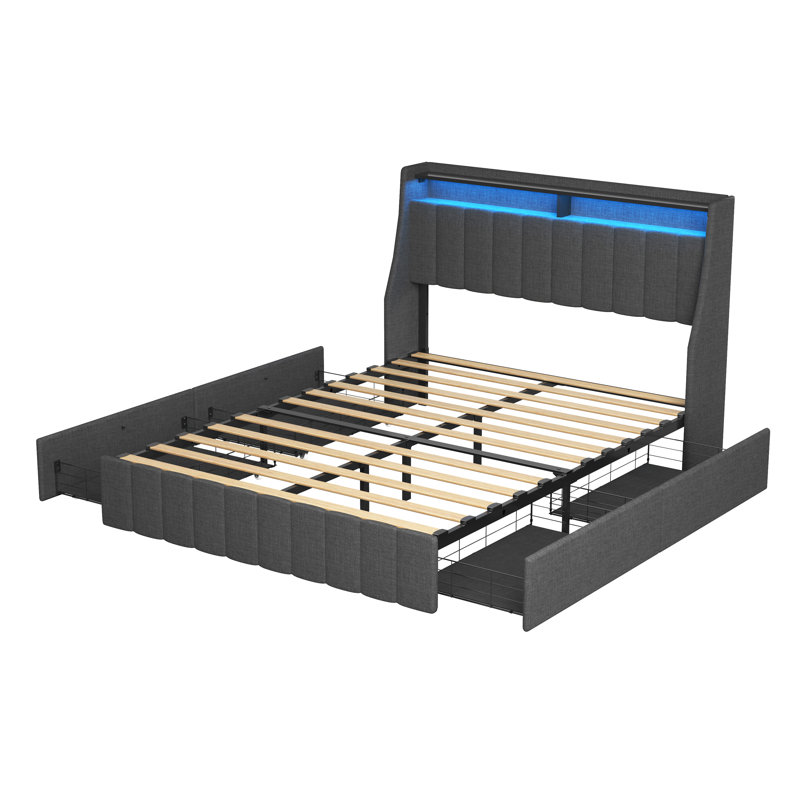 Bed Frame with LED, Wings Headboard Design, Dark Gray, Queen