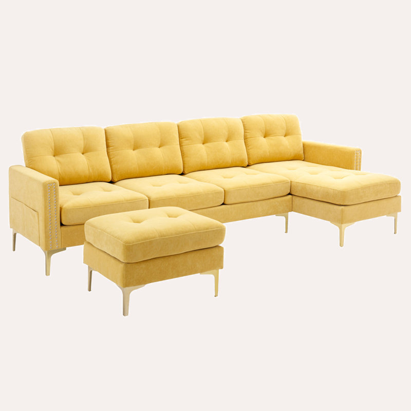 Jiuliana Upholstered Sectional Reversible, Yellow Velvet, Gold