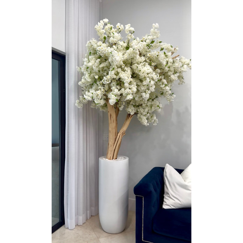 White Cherry Blossom Tree In Matte Planter, White