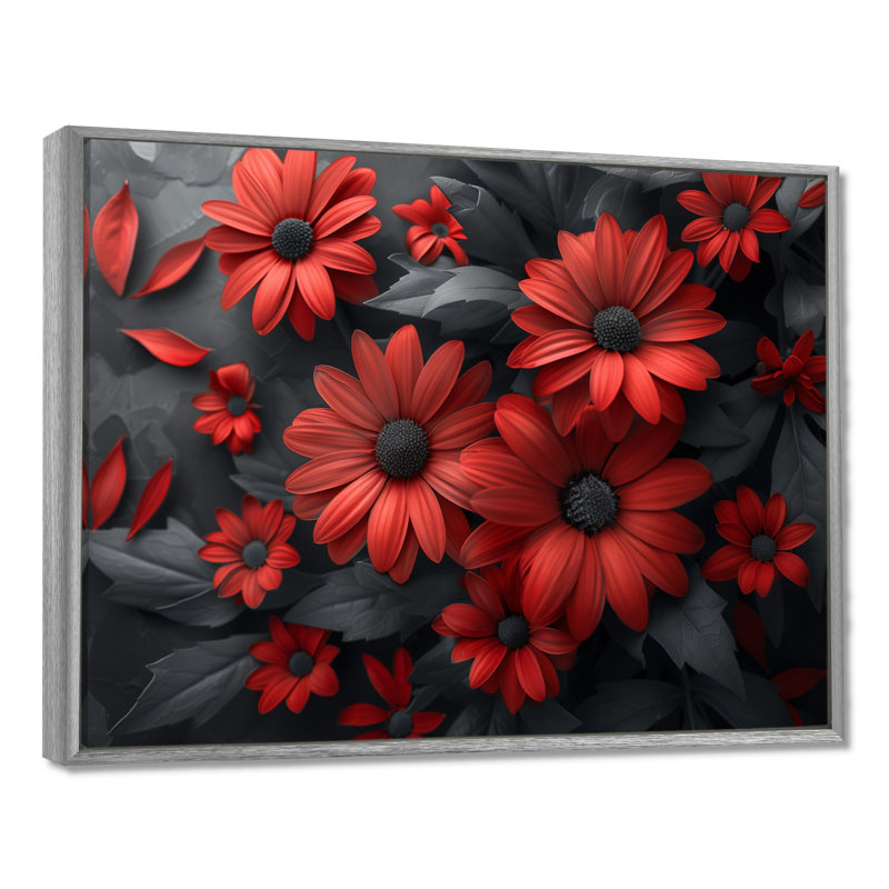 Décoration murale marguerites monochromes rouges et noires I - marguerites, Encadrement argenté, H 16 po x l 32 po x P 1 po
